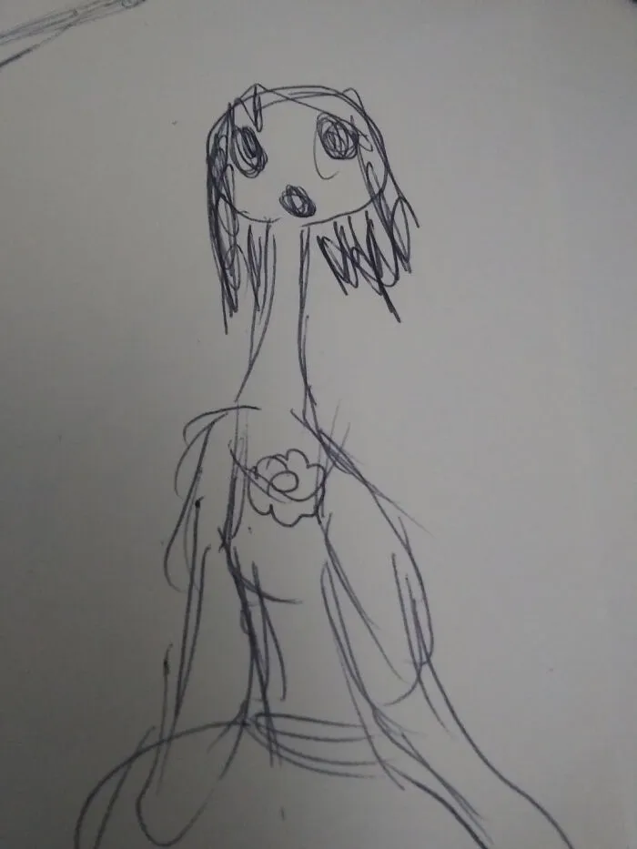 A child's drawing of a figure with large eyes and a long neck, capturing the innocence that parents were terrified of.