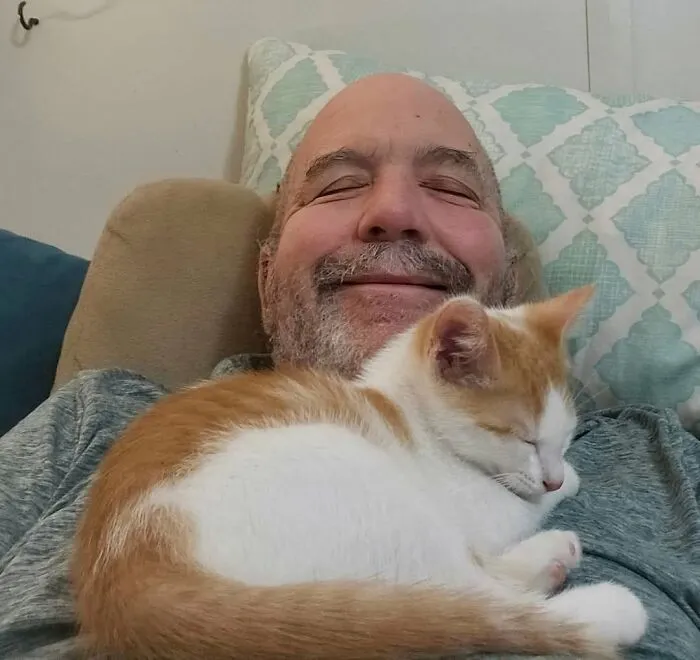 Lost My Husband Just A Few Weeks After This Picture. He Was So Smitten With This Kitten! Frankie Is 2 Now, And Still A Cuddly Monster