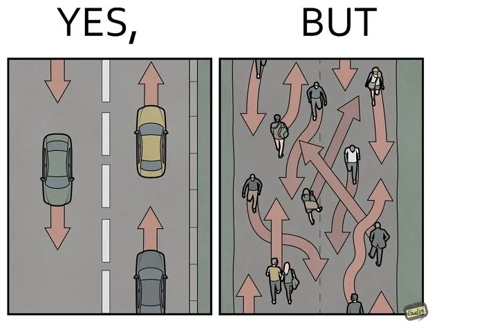 Yes But comic comparing organized car traffic to chaotic pedestrian movement, pointing out things we never question.