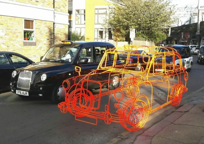 Life-Size Car Frame Made Of Steel Rods, Work Of Benedict Radcliffe