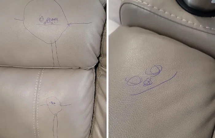 Purple pen scribbles on a light-colored leather couch, showing a common problem that people ask others for help fixing.