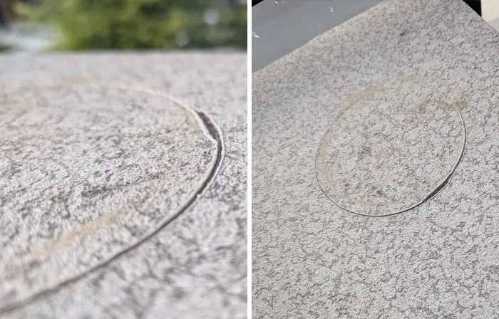 Close-up shots of a circular outline on a textured surface, a problem that someone might need help fixing or understanding.
