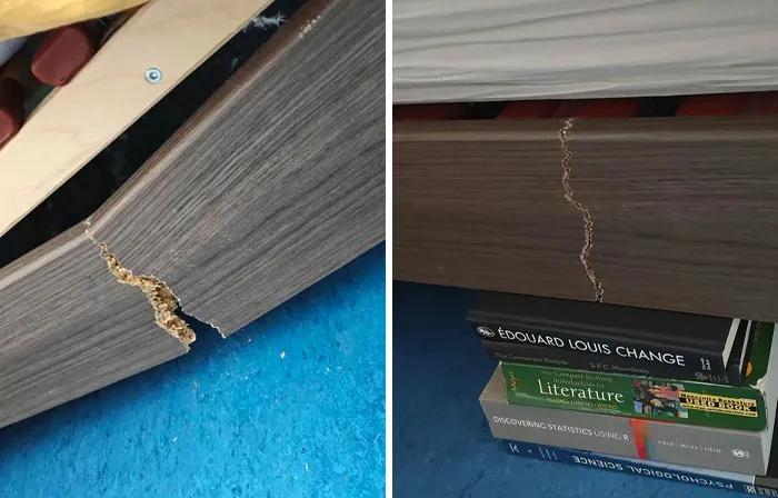 A two-panel image showing a damaged wooden bed frame with a crack, a clear example of fixing things.
