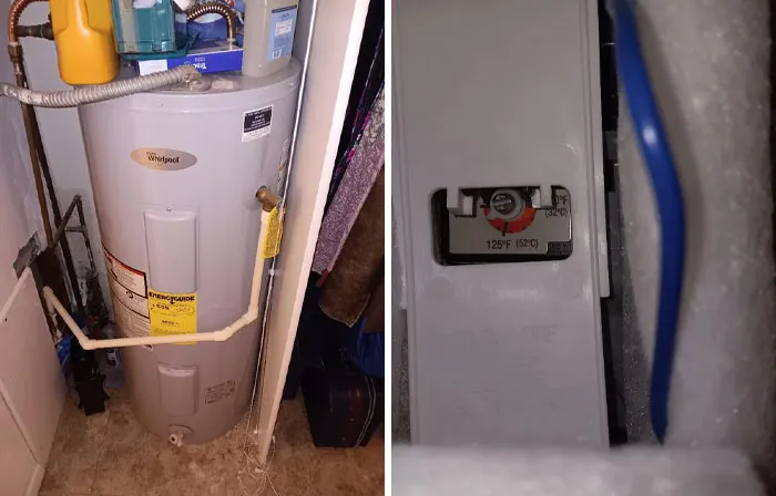 A Whirlpool water heater, showing the temperature setting at 125°F (52°C), highlighting a common home appliance people need help fixing.