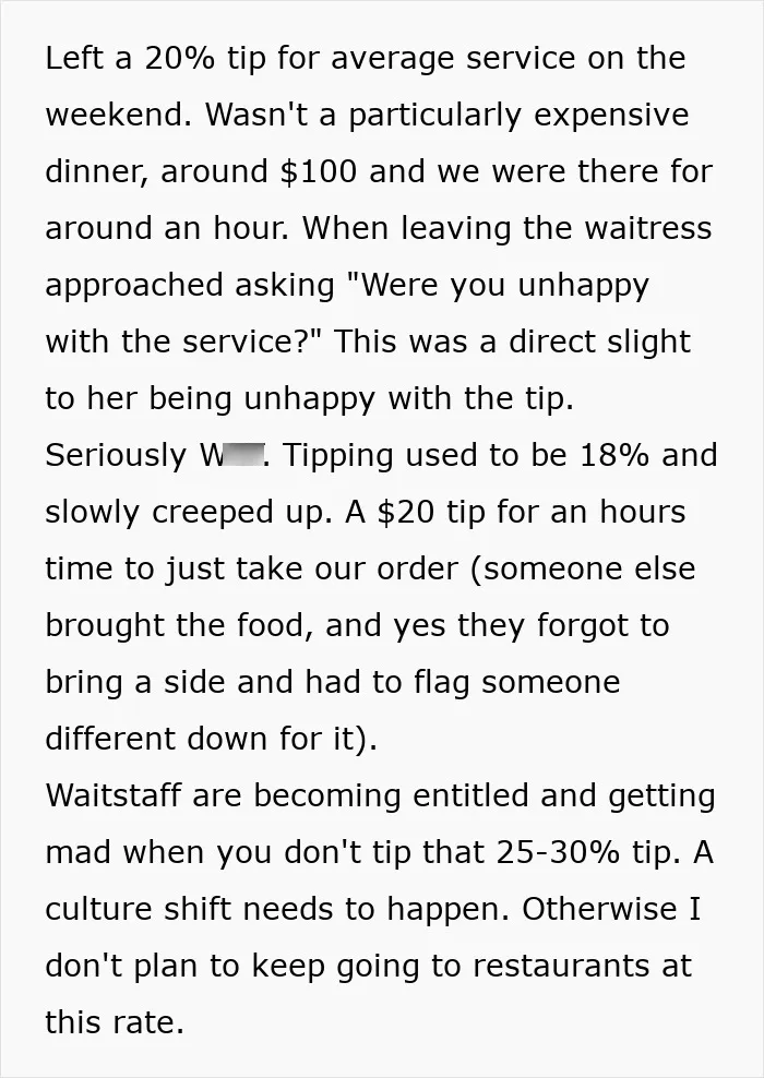 A restaurant customer's complaint about feeling pressured to tip 20% for average service, highlighting tipping culture.
