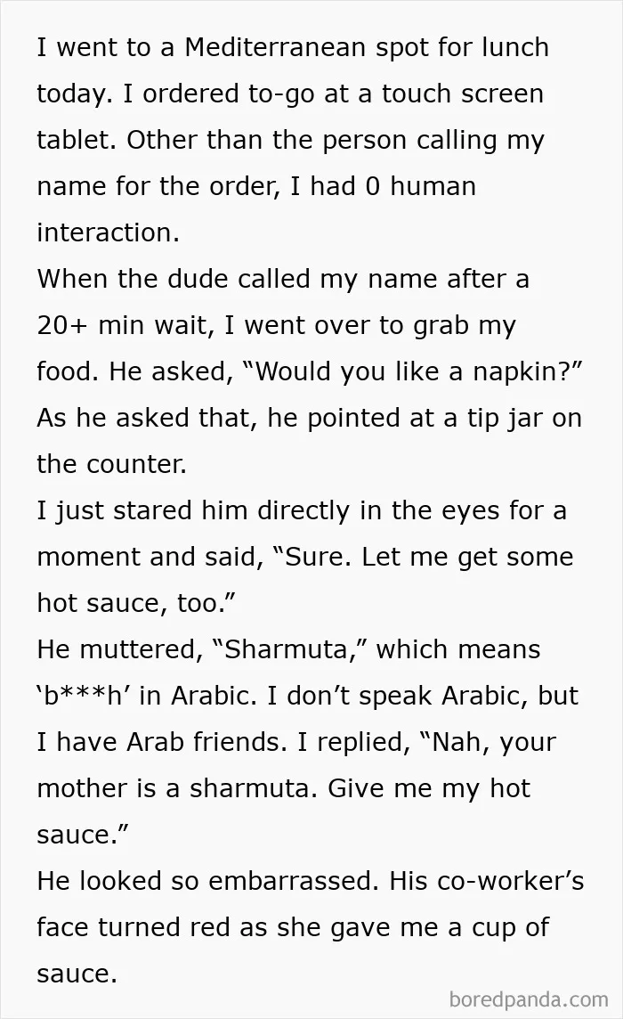 A white background with black text detailing a customer's negative experience with tipping culture at a Mediterranean restaurant.