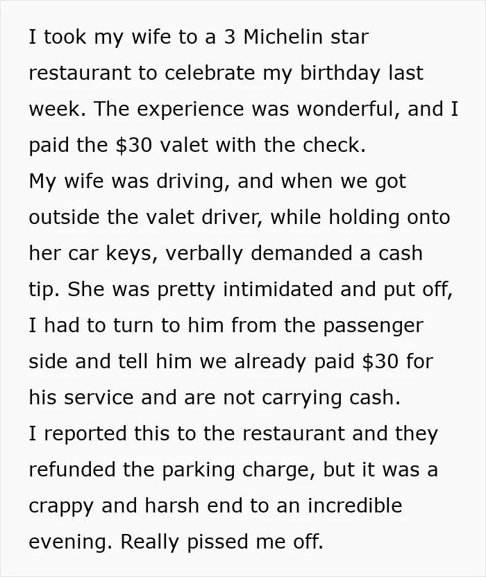 A detailed complaint about a valet verbally demanding a cash tip despite a paid service, highlighting problematic tipping culture.