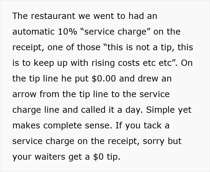 Text explaining a restaurant's automatic service charge and a customer's zero tip, reflecting a change in tipping culture.