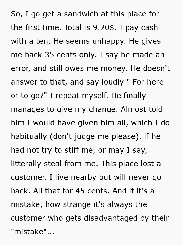 Text detailing a customer's negative experience with a server who short-changed them, illustrating a problem with tipping culture.