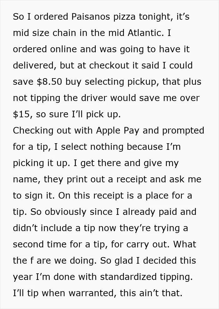 A Reddit post from a customer discussing their decision to end tipping, highlighting changing tipping culture.
