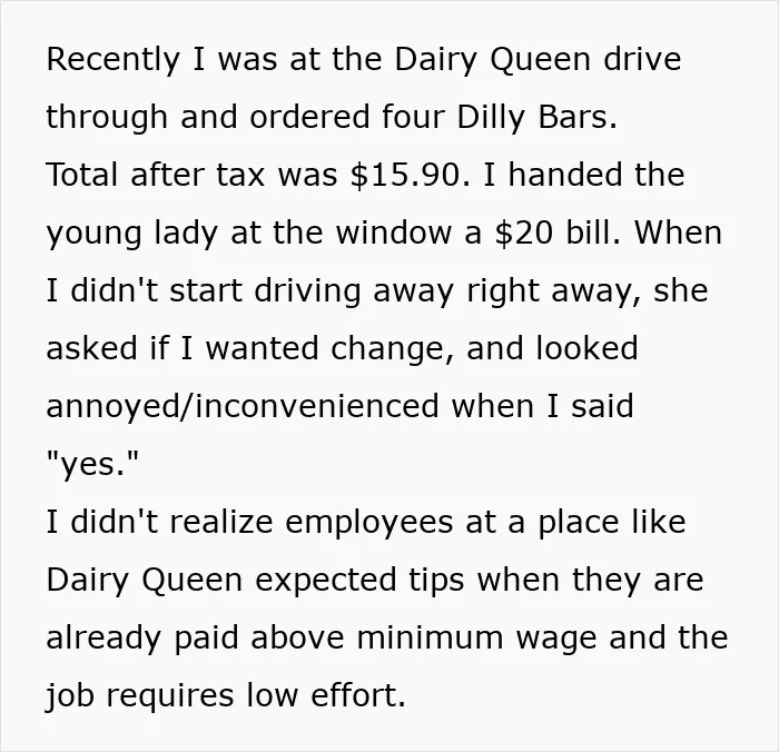 A screenshot of text describing an encounter at Dairy Queen drive-through highlighting expected tips in US tipping culture.