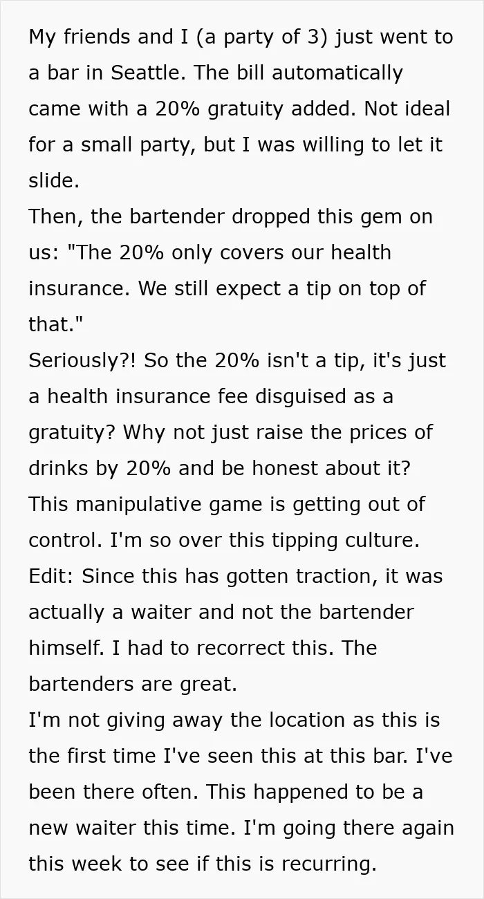A Reddit post discussing a 20% automatic gratuity that was actually a health insurance fee, exposing tipping culture issues.