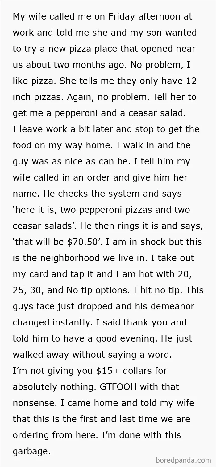 A screenshot of a text detailing a frustrating experience with tipping culture in the US, highlighting the need to end tipping.