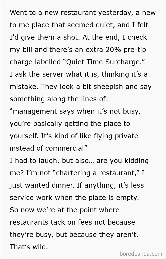 A screenshot of text describing a restaurant charging a Quiet Time Surcharge, reflecting changes in tipping culture.