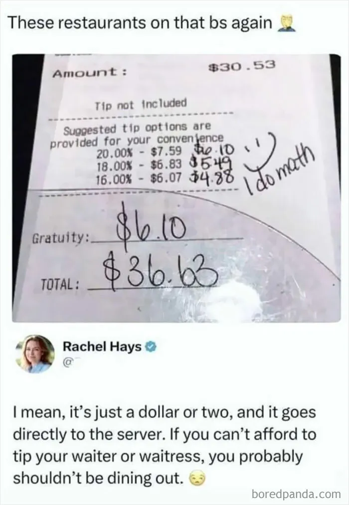 A restaurant bill with suggested tip options and a handwritten calculation, exemplifying the tipping culture.