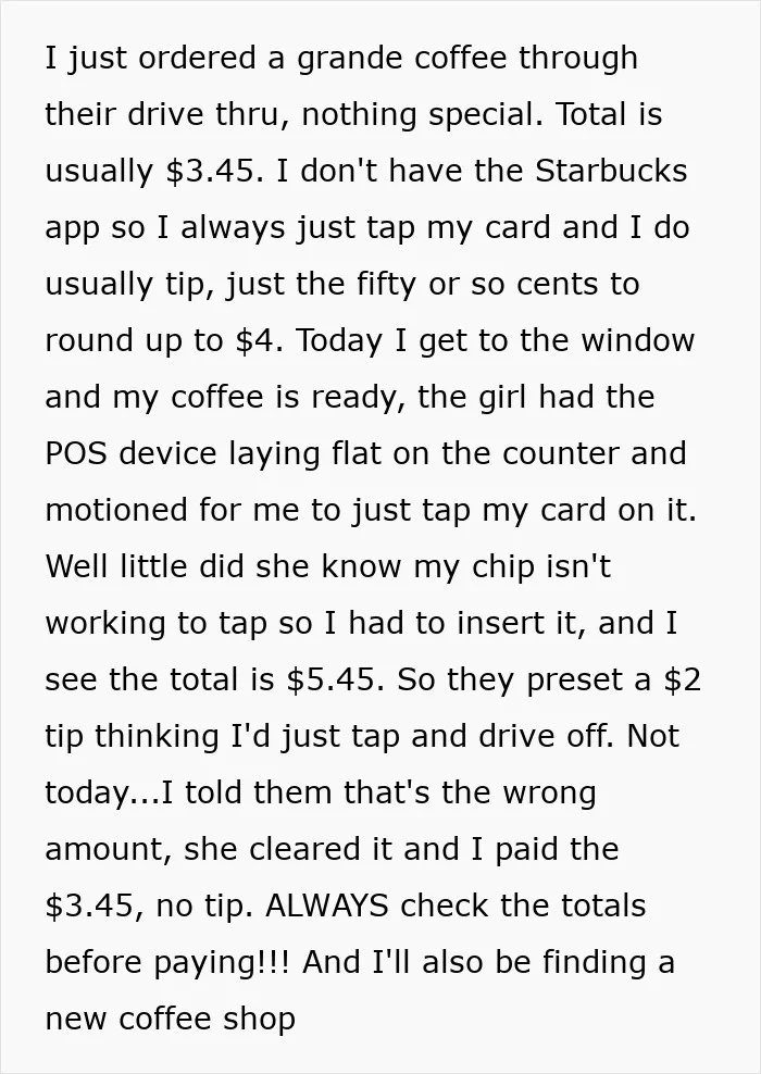 A text discussing a coffee order and an unexpected preset tip amount, reflecting on tipping culture.