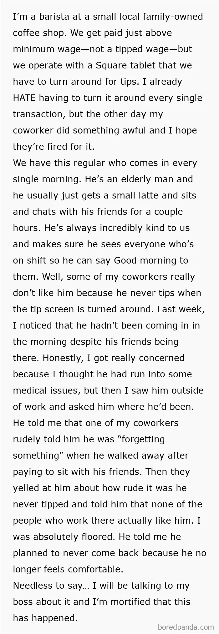 Coworker Ran Off One Of Our Regulars Because They Were Rude About Them Not Tipping