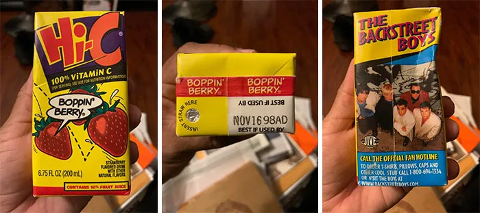 Hi-C Boppin' Berry juice boxes: Old products featuring Backstreet Boys, found at home.