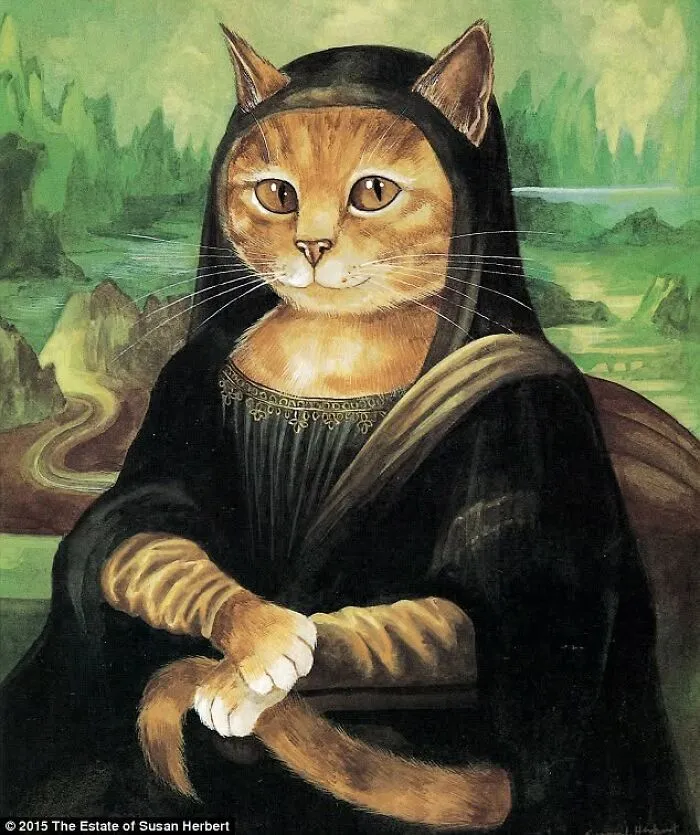 Humorous painting of the Mona Lisa reimagined as a cat, one of many unique cat paintings.