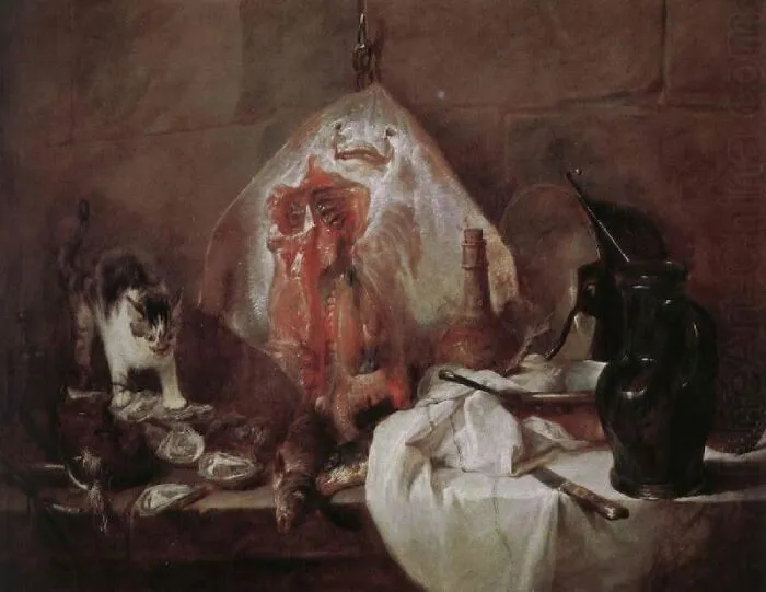 Still life painting featuring a cat observing a hanging fish and other market items, a classic example from paintings of cats.