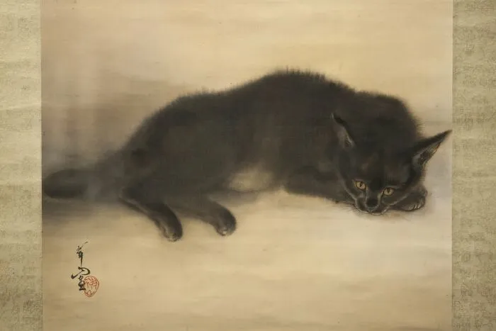 A sleek, dark cat painting from different eras lies on a light background, eyes yellow and focused.
