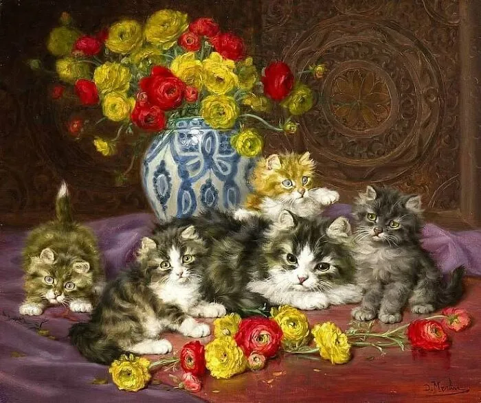Charming painting of five fluffy kittens with a vase of flowers, from a diverse collection of cat paintings.