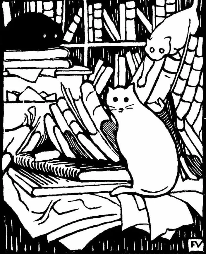 A black and white painting of cats among books, capturing different eras of cat art.