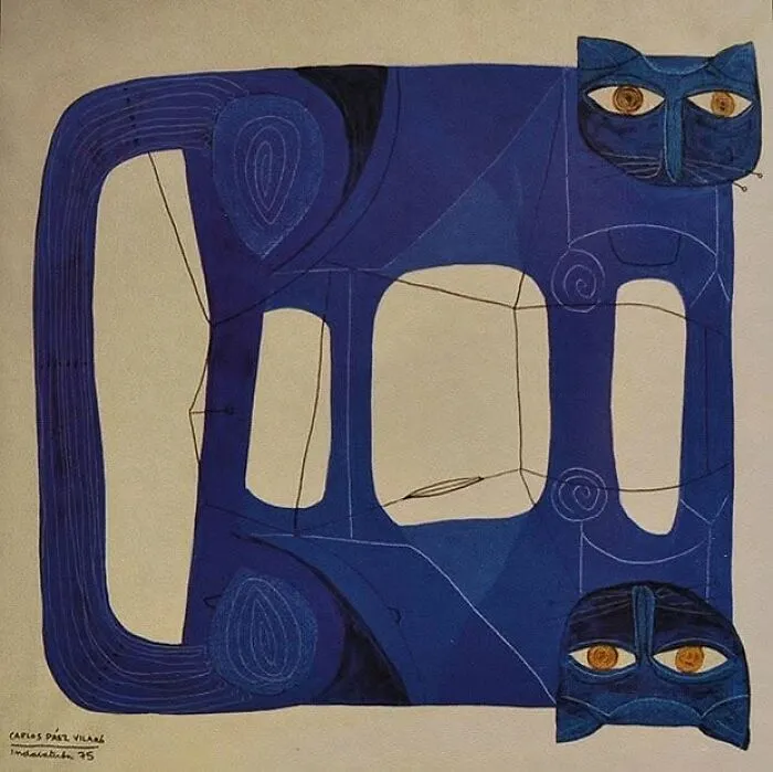 An abstract painting of cats in blue and white, showcasing diverse cat paintings.