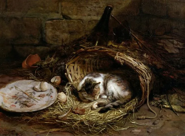 Rustic painting of a tabby cat sleeping in a straw nest, featured in an array of cat paintings.