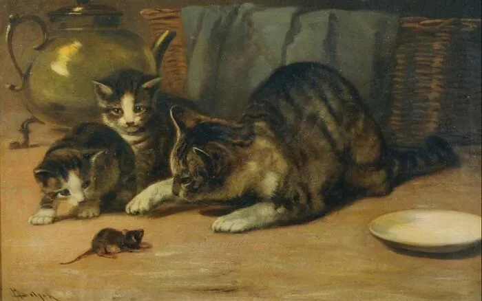 A painting of cats from different eras, showing a mother cat and two kittens focused on a mouse. This painting of cats captures a playful moment.