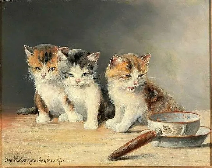 Three small kittens paintings next to a teacup and cigar, representing classic feline art from different eras.