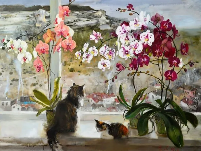 Two cats paintings on a windowsill with orchid plants, overlooking a town, highlighting different eras of feline art.