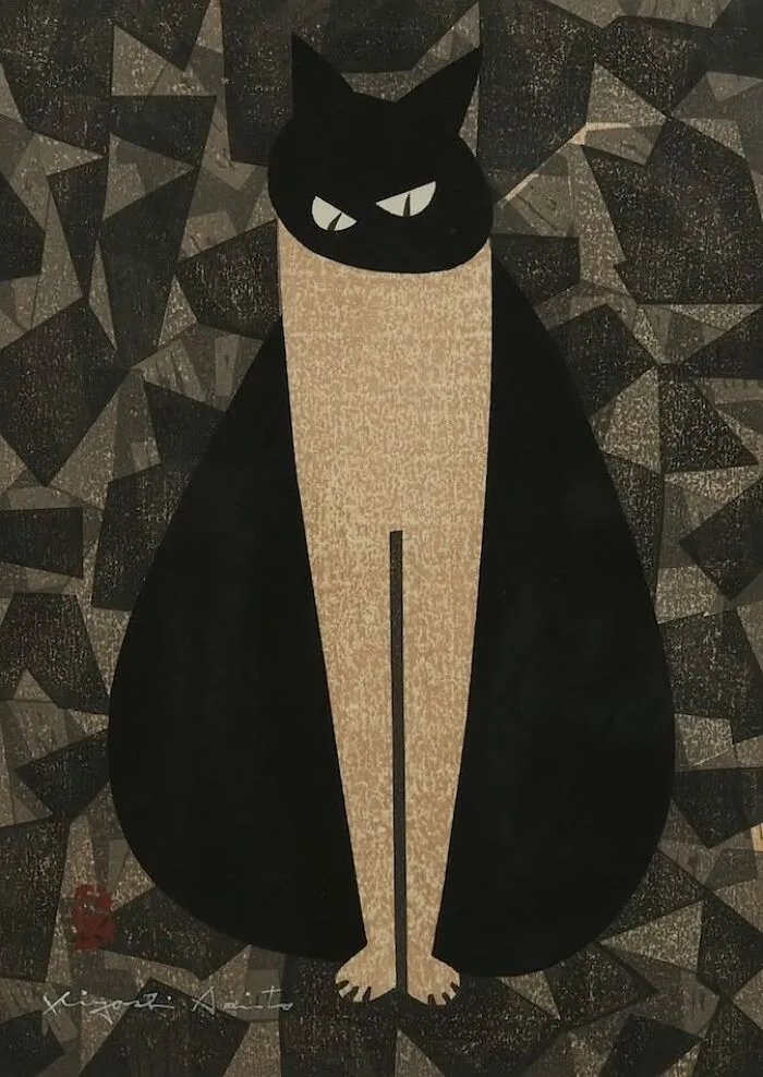 A painting of a stylized black cat with an abstract background, a painting of cats.