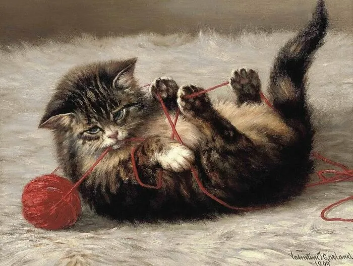 A painting of a playful kitten with a red ball of yarn, a painting of cats.