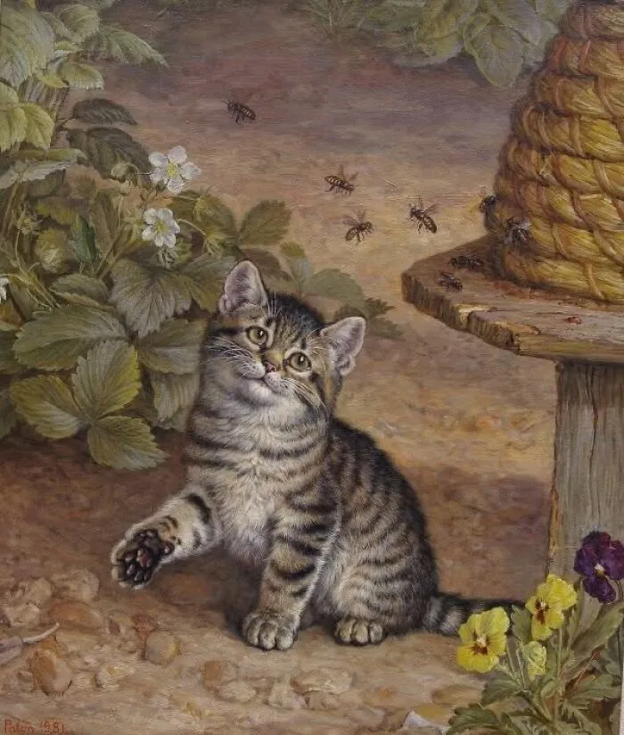 A painting of a kitten next to a beehive with bees flying around, a painting of cats.