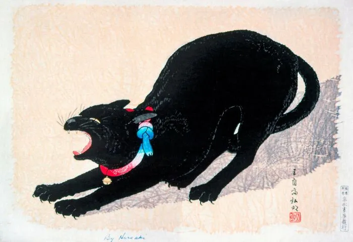 Japanese woodblock painting of cats, featuring a stylized black cat stretching with an open mouth, a painting of cats from different eras.