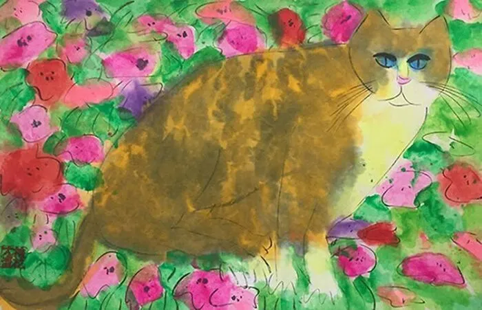 Watercolor painting of cats, a fluffy cat with blue eyes sits amongst vibrant pink flowers, part of a collection of paintings of cats from different eras.