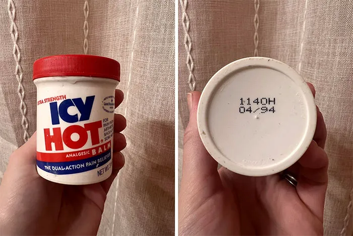 An old Icy Hot container with a 1994 expiration date on the bottom, an old product found at home.