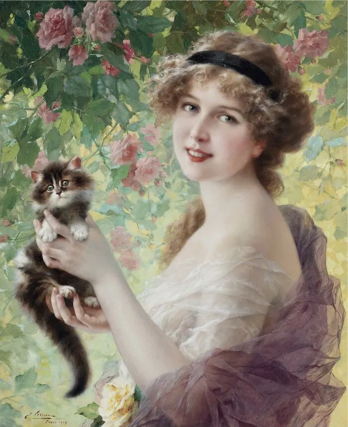 A painting of a woman holding a fluffy kitten, illustrating beautiful cat paintings.