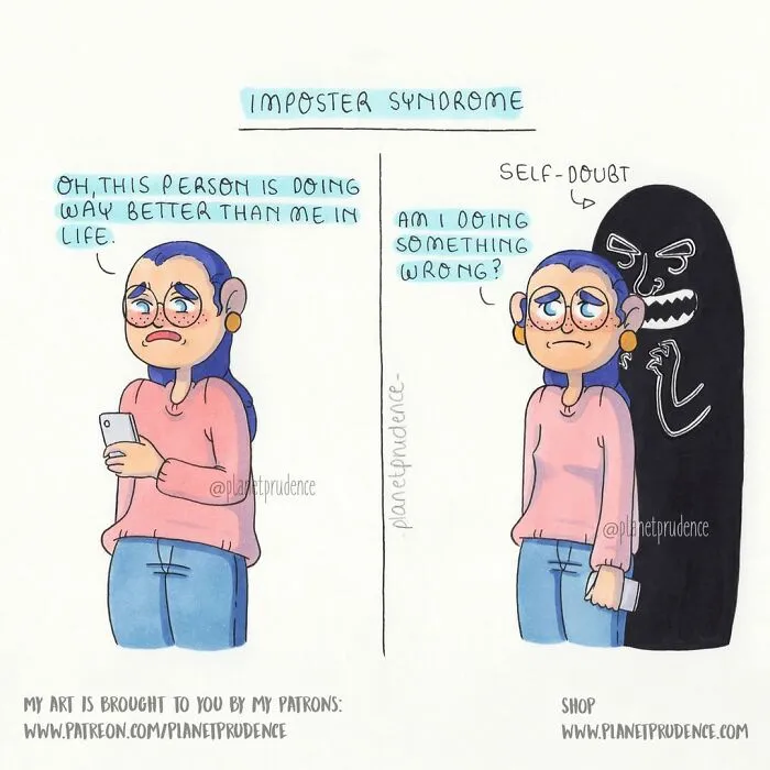 An artist illustrates a woman experiencing imposter syndrome and self-doubt, a relatable feeling for many women.