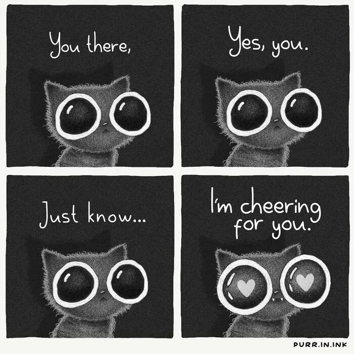 Adorable illustrations of cat behavior: A black cat with big eyes cheers, I'm cheering for you.
