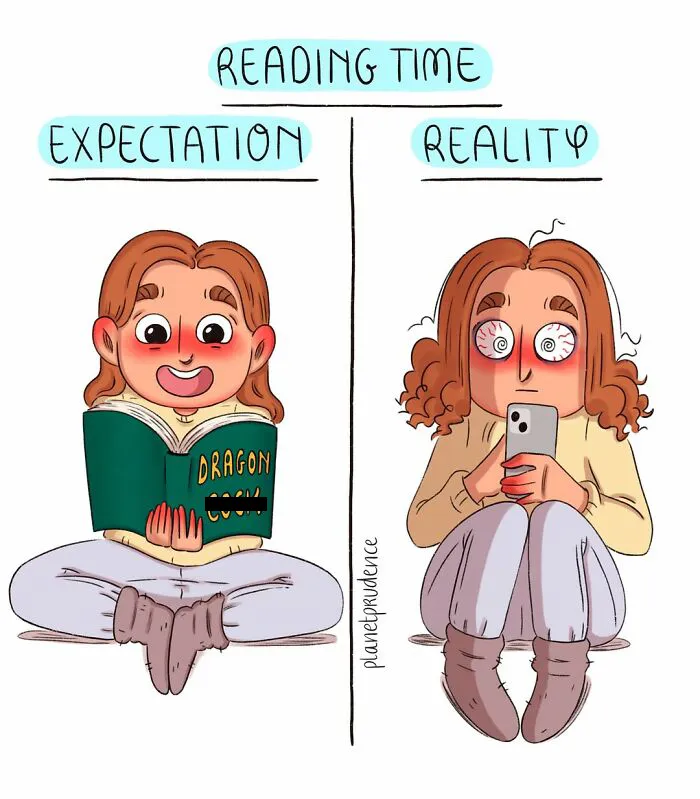 Artist illustrates being a woman: expectation vs reality of reading time, book vs phone scrolling.