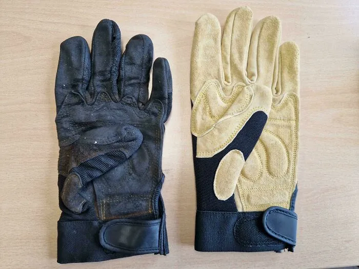 My Leather Work Gloves After 4 Years As An Aircraft Mechanic On Russian Planes vs. A New Pair. The One On The Left Was The Same Color As On The Right Originally