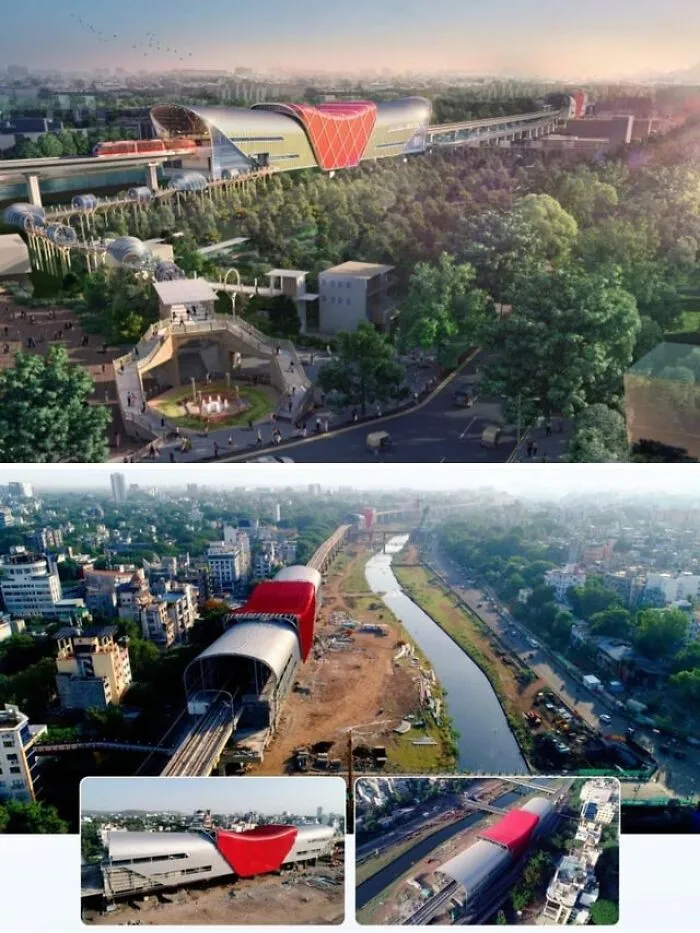 Architects vision versus reality of a multi-level transport hub and green space, juxtaposed with the built reality along a river.