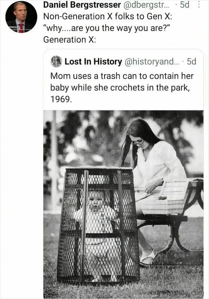 A black and white image of a baby in a trash can while their mother crochets, a humorous Gen X meme.