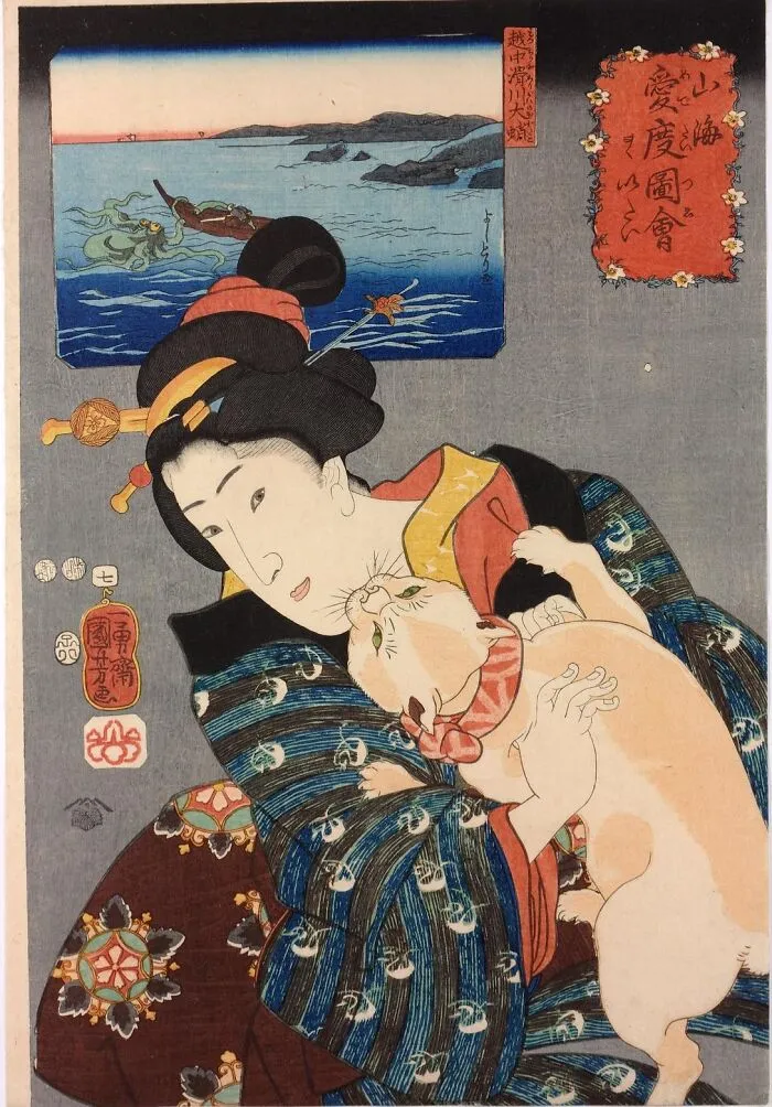 A traditional Japanese painting of a woman in a kimono holding a playful cream-colored cat.