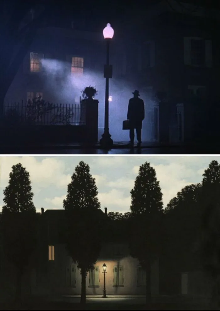 A dark, foggy movie scene with a lone figure under a street lamp, resembling a famous painting that left its mark on cinema.