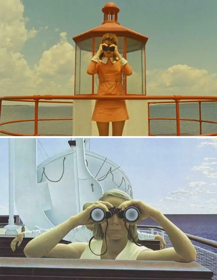 A split image comparing a movie scene to a famous painting, both showing women looking through binoculars, highlighting famous paintings that left their mark on cinema.