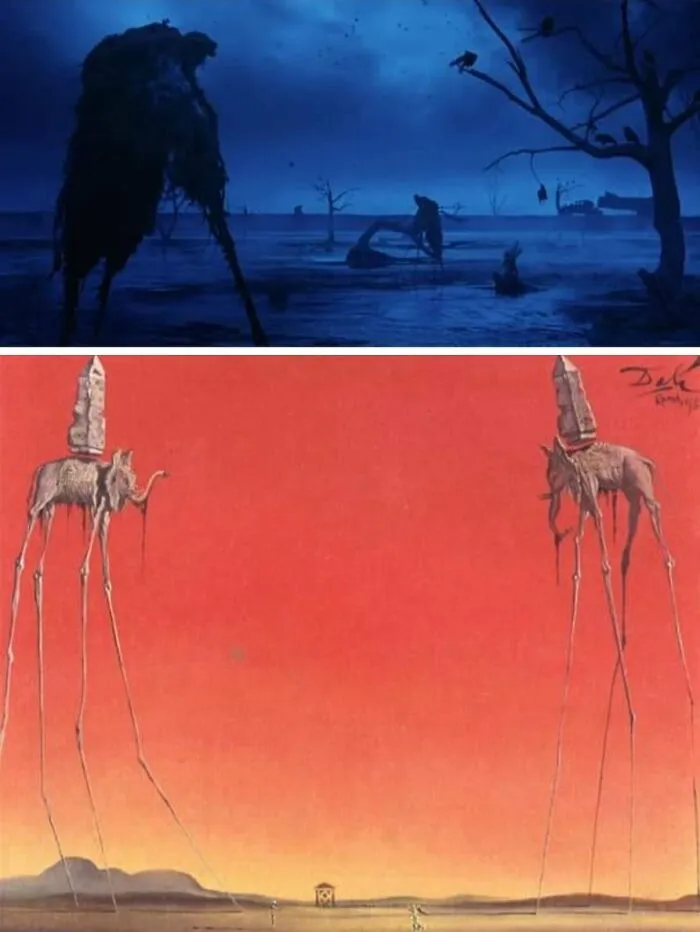 Two famous paintings comparison: a dark, desolate cinema scene above a surrealist painting with tall, thin-legged elephants.