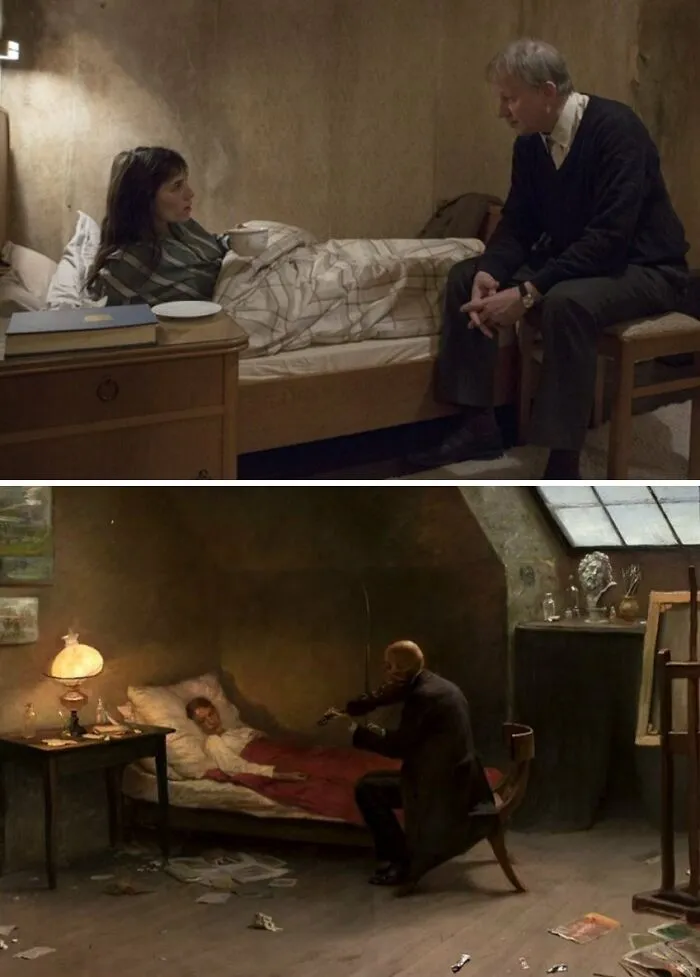 A split image comparing a movie scene to a famous painting, both featuring a person in bed and another seated nearby, demonstrating famous paintings that left their mark on cinema.